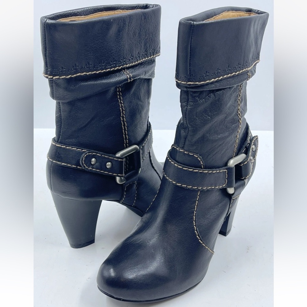 Fossil Fold Over Harness Leather Mid Calf Boots Black Sz 8 Womens